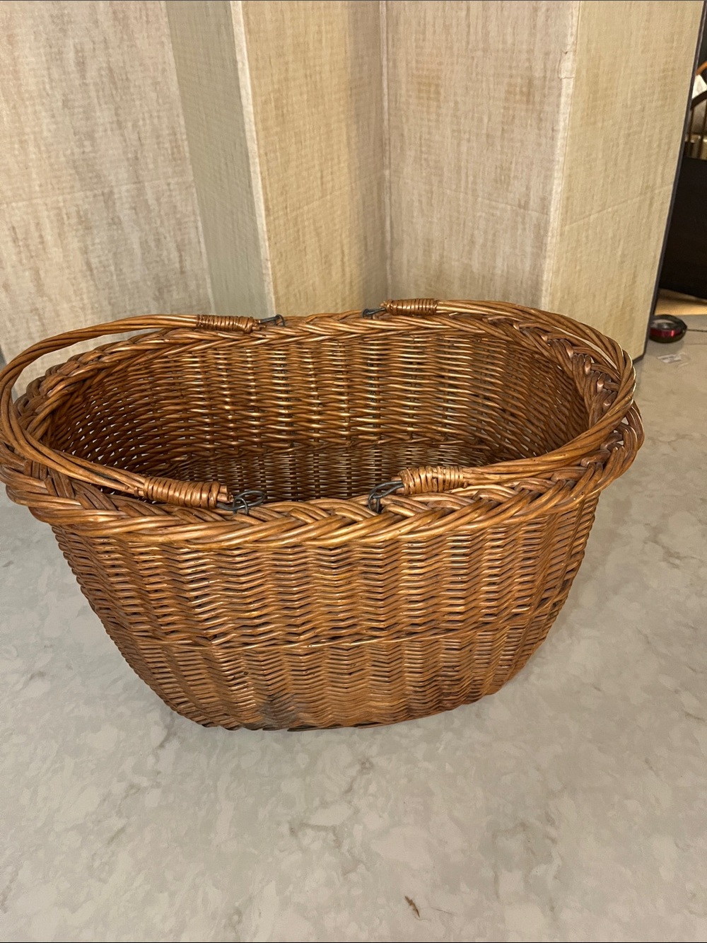 Vintage Large French market basket Wicker metal loops reinforced wire base